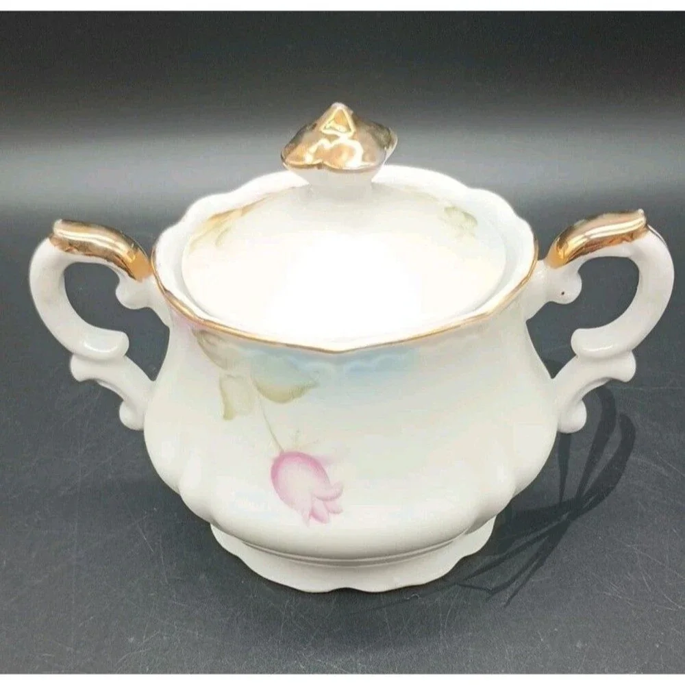 Vintage Lefton China Hand Painted Magnolia 2520 Sugar Bowl Gold Trim